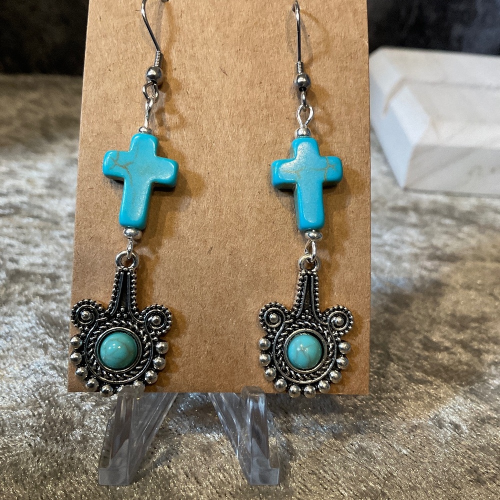 Faux Silver and Turquoise Cross Dangle Pierced Earrings